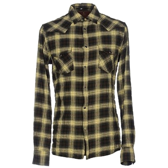 DONDUP Italian designer flannel button up logo black tan $200 grunge fall casual - Picture 1 of 9